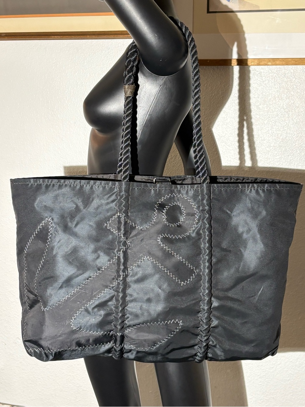 Large Black on Black Anchor Sea Bags tote crafted from recycled sail material.